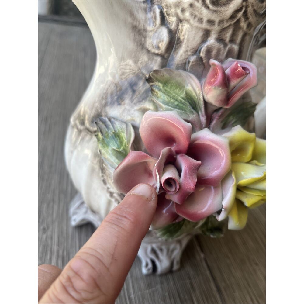 Capodimonte Porcelain Flower Pitcher With Lid Made In Italy. Pink Flower Is Chip - Picture 2 of 15